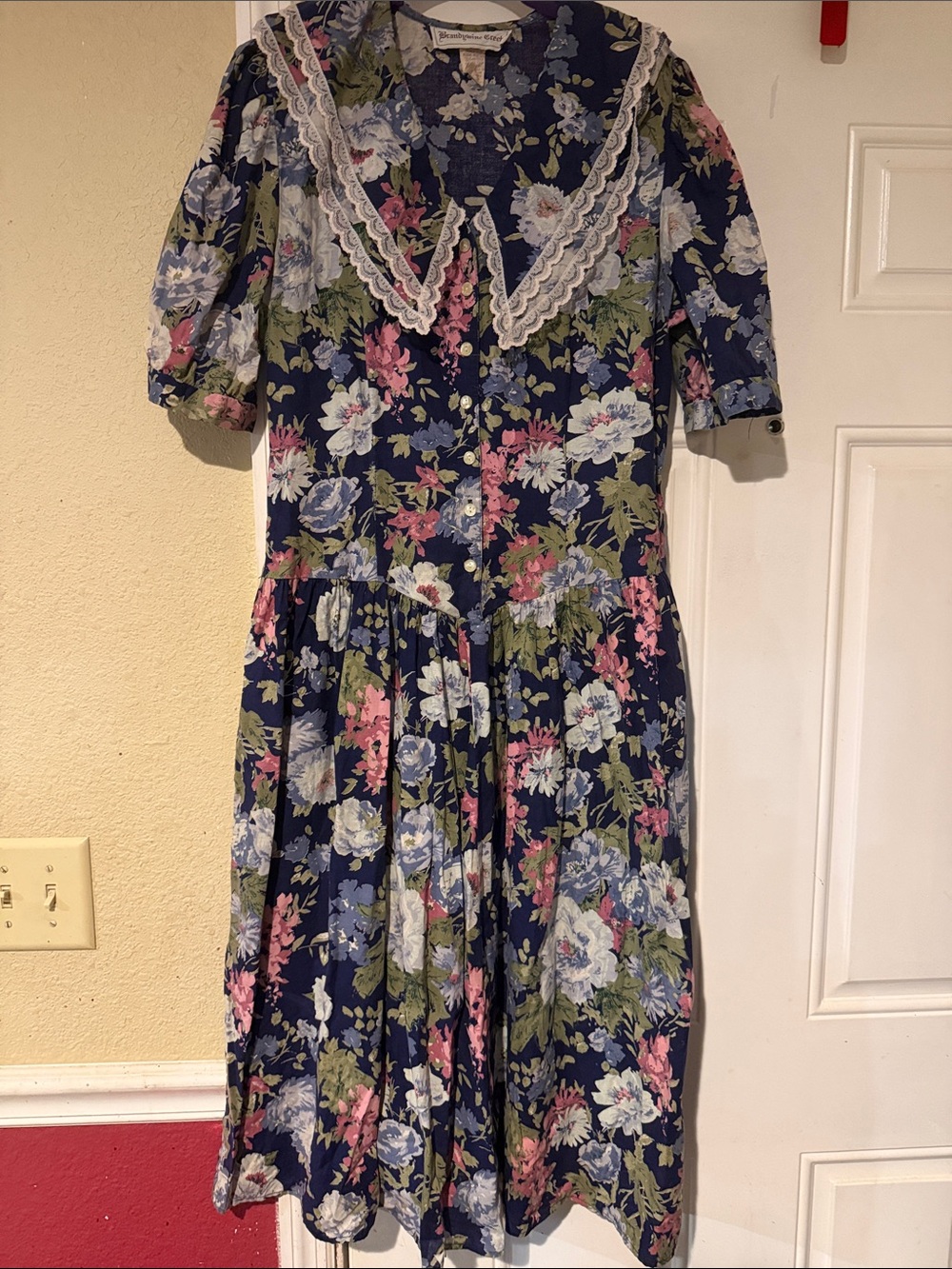 Vintage Brandywine Creek Navy Floral Lace-Collar Midi Dress with Button Front